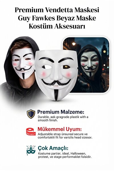 ALL FAST Premium V Maskesi Guy Fawkes Beyaz Maske Kostüm Aksesuarı
