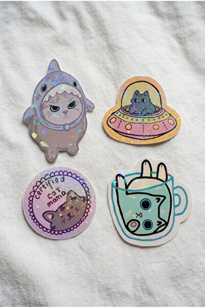 Plumie Hologramlı Laminasyonlu Sevimli Kedi Sticker Seti 4’lü | Laptop, Defte...