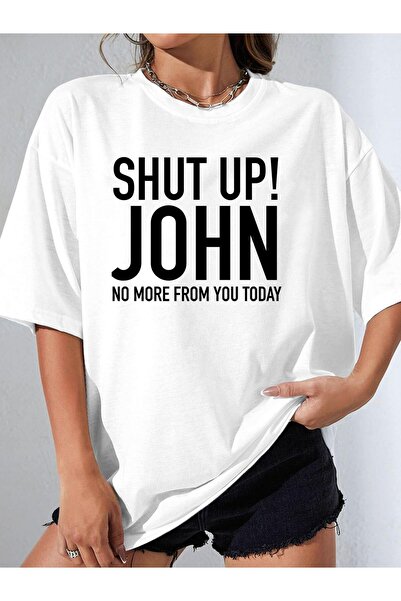 01THEONE استمتع بالصمت! تي شيرت نسائي بطباعة جرافيكية مضحكة بعبارة "JOHN NO M...