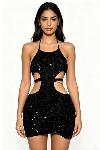 Shengzhou Jinshen Tie Black Sequin Halter Cutout Mini Bodycon Dress, Glitter ...