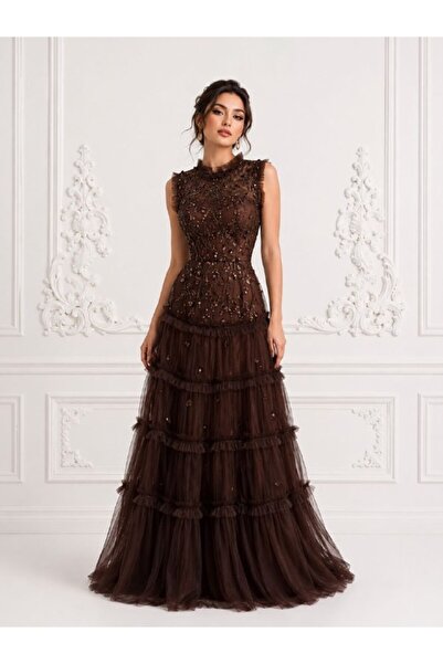 ranin Dark Brown Evening Dress Embroidery Tulle Cloche