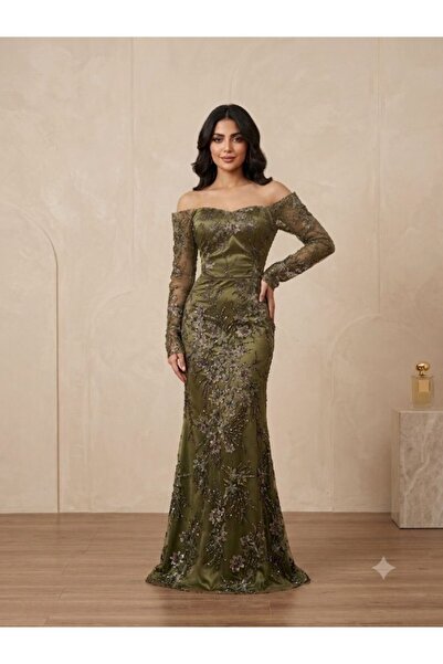 ranin Olive Evening Dress Barbie Lining Beaded Embroidered