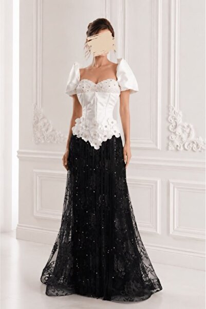 ranin Black and White Evening Dress Russian Mikado Fabric and Lace and Taffet...