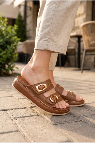 Moda fiesta Women's Tan Stone Buckle Double Strap Daily Slippers Orthopedic Comfortable Non-Slip Sole