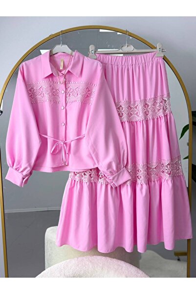 YILMAZBARMAZ Lace Trim Shirt and Skirt Set