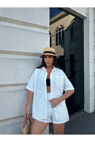 nido moda Kadın Oversize Fisto Gömlek ve Beli Lastikli Şort İkili Takım