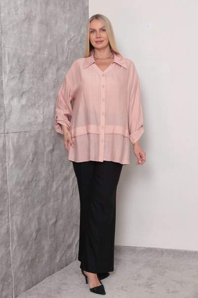 KİFAYET Plus Size Casual Shirt V-Neck Long Sleeve Solid Color Women's Shirt
