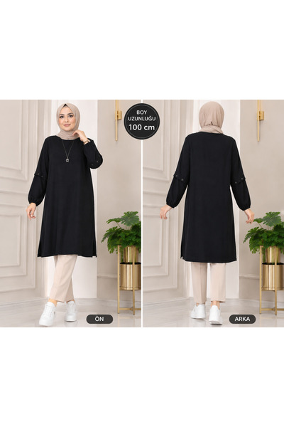 KADO Siyah Tunik 100 cm Uzun Kollu Yan Yırtmaçlı Tesettür Tunik Günlük Şık Model