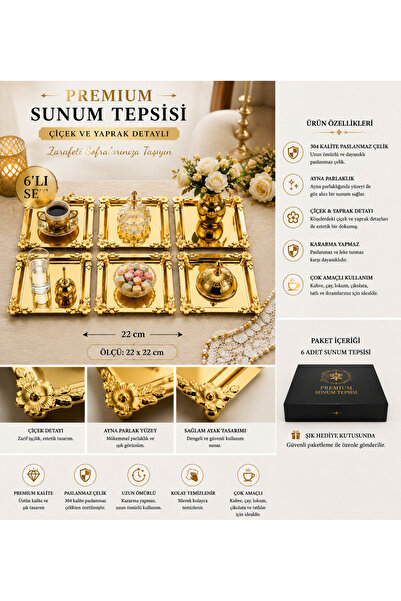 Turkco Gold Flower Detailed Square Presentation Tray 22X22 cm Engagement Coff...