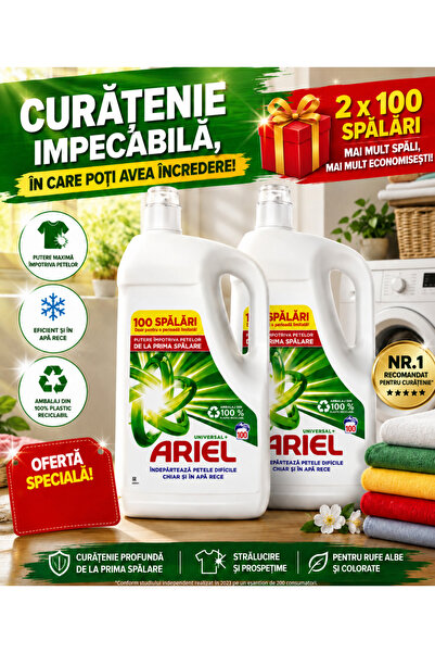 Ariel Universal+ Detergent Lichid – Pachet 2 x 100 spălări. Rufe albe + Colorate