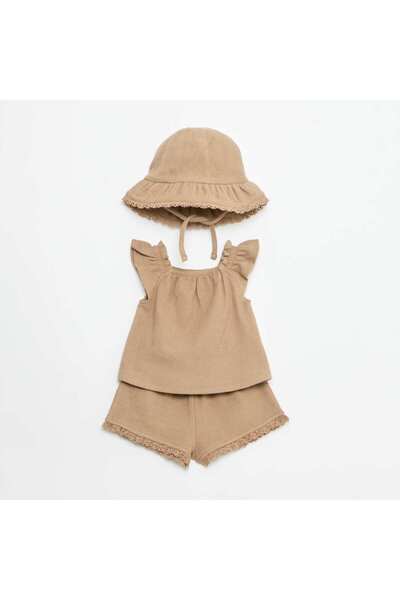 KIABI 3-piece ribbed knit set - shorts + T-shirt + bucket hat BROWN