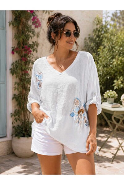 Butik Şans Women's Sequin Floral Detailed V-Neck Oversize Italian Linen Blouse
