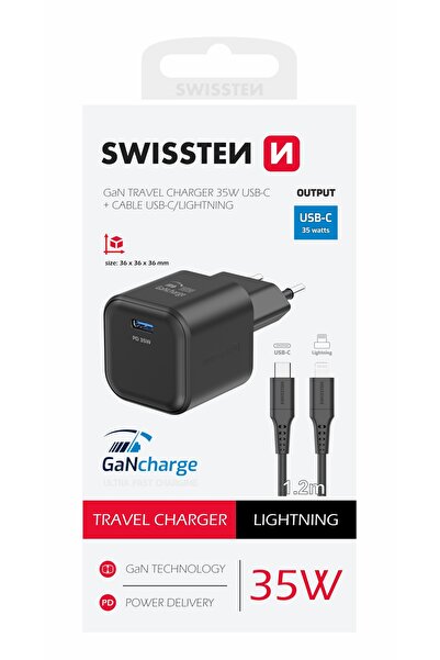 SWISSTEN ÎNCĂRCĂTOR RAPID DE REȚEA GaN USB-C 35W PD + cablu USB-C Lightning
