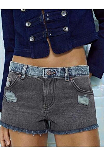 BeHill Be Hill Kadın Füme Çift Renk Bel Detaylı Yırtık Püsküllü Denim Şort