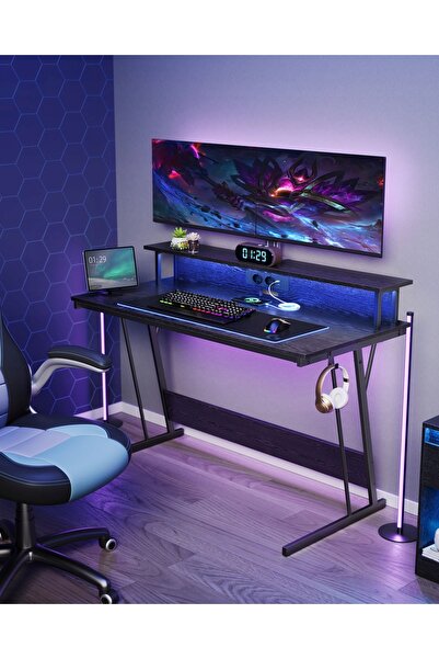 SONGMICS Birou modern cu suport pentru 2 monitoare, bară de alimentare 2x AC ...