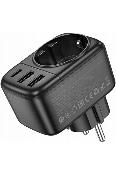 Borofone Încărcător de rețea BAC14 Wide 2xUSB +USB-C + priză de alimentare 12W