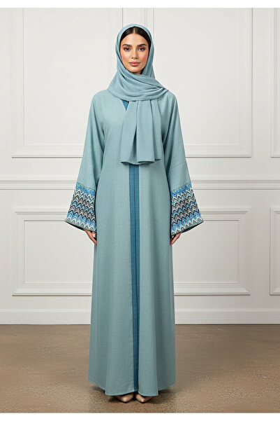 Nukhbaa The Azure Chevron Open Abaya Set | Linan Fabric-879