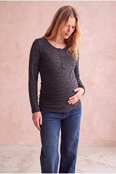 WESTMARK LONDON Maternity Black/Grey Viscose Crew Neck Long Sleeve Buttoned B...