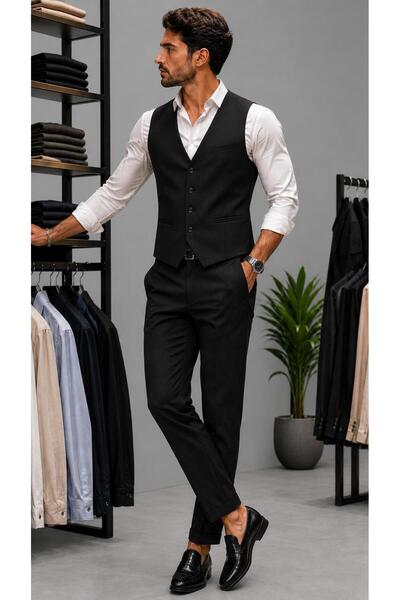 BYBÜLENT Men's Black Slim Cut Vest Pants 2-Piece Suit Special Production Wrin...
