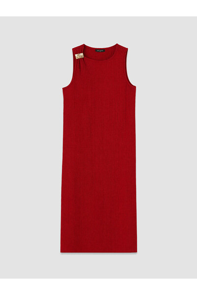 LC Waikiki Lcw Comfort Red Crew Neck Gathered Textured Dress