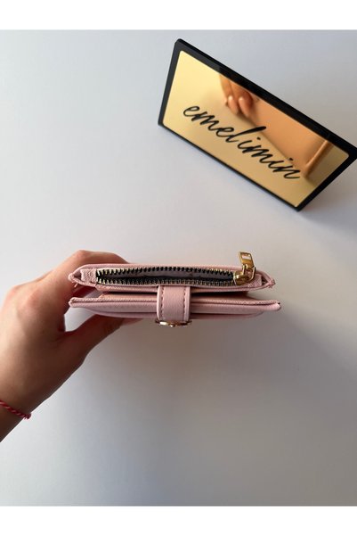 emelimin Women's Pink Powder Zippered Card Holder Wallet |   Multi-Compartment Mini Wallet |   Coin Compartment Belt Detailed
