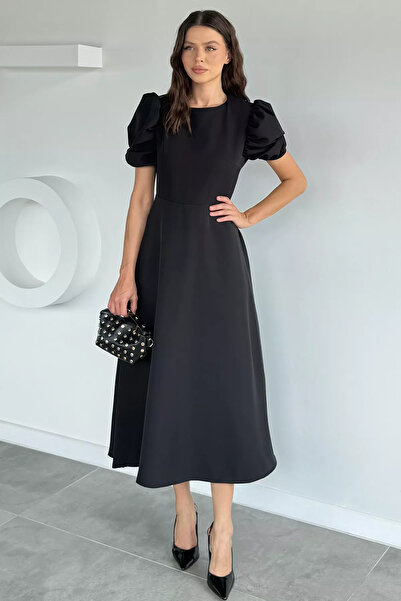 Aryena Black Women's Skirt with Flounces and Balloon Sleeves Dress