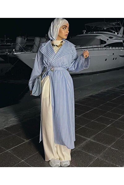 onlymoon Mavi Çizgili Kumaş Kimono Abaya | Kemer Detaylı Yarasa Kol Tesettür ...