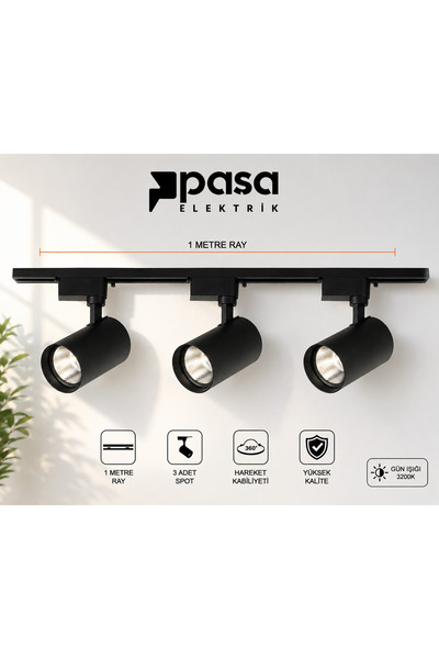 PAŞA ELEKTRİK 1 METRE RAYLI 3LÜ RAY SPOT SİYAH KASA GÜN IŞIĞI