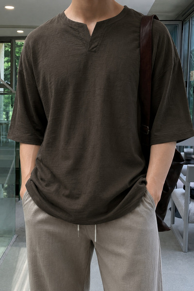 Tarz Cool Men's Brown Oversize 100% Linen V-Neck Short Sleeve T-Shirt – Comfo...