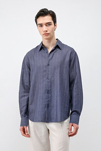 Antioch Navy Blue Linen Blended Striped Men's Shirt