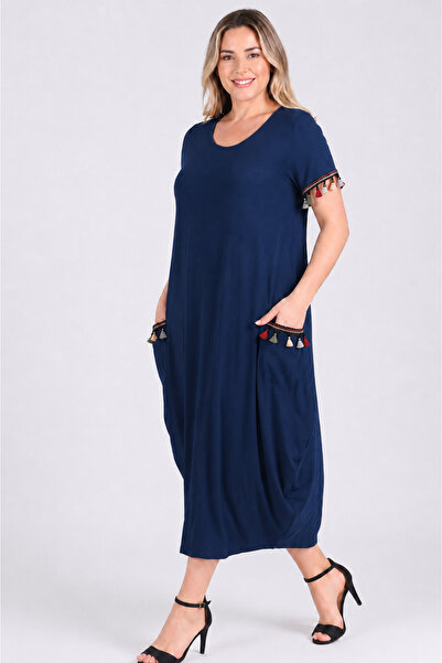 Curvy Trend Plus Size Wide Hem Short Sleeve Dress with Tassels on the Sleeves...