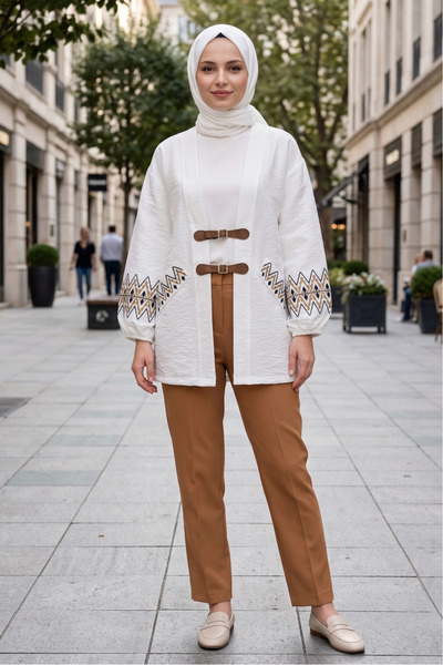 FERHEL Kimono de damă din in, cu broderie și mâneci elastice - Alb