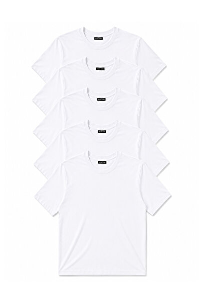 MİLANDORE Set of 5 Men's White Slim Fit Crew Neck Basic T-Shirts