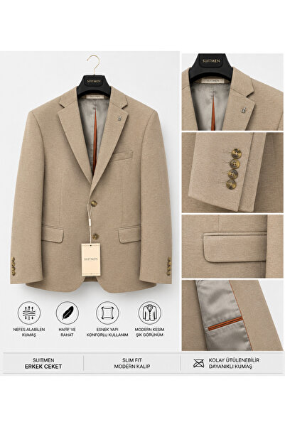 BYMEN ERKEK GİYİM Suitmen Bej Slim Fit Erkek Blazer Ceket – Tek Düğmeli Moder...
