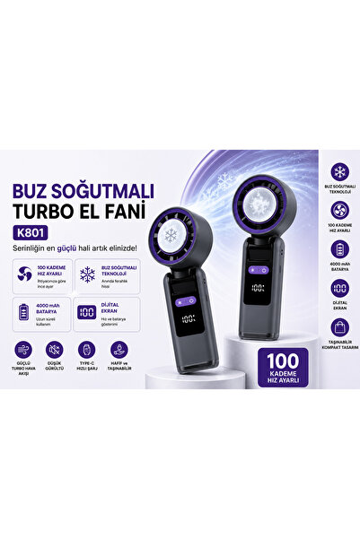 CASTU Buz Soğutmalı Turbo El Fanı 4000 mAh Şarjlı Taşınabilir Fan 100 Kademe ...