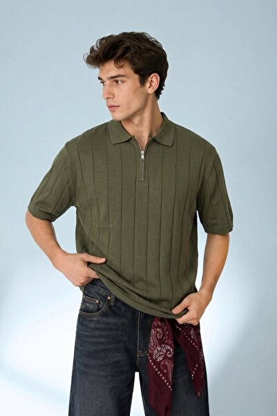 Maccali Men's Daily Comfortable Fit Striped Khaki Polo Knitwear T-Shirt