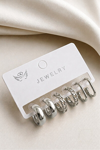 Crc Bijuteri 6-Piece Silver Hoop Women's Earring Set