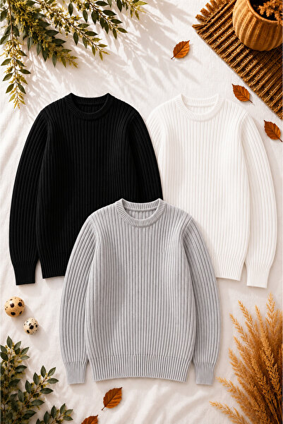 legends butik Men's 3-Piece Premium Ribbed Knitwear Sweater Set Crew Neck Sli...