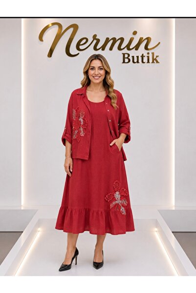 İTALYAN keten pul ve nakış detaylı ceketli takım