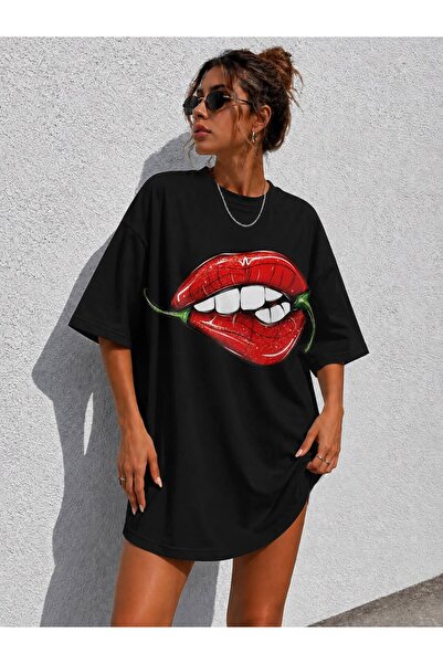 classy moda Women's Lip&Pepper Printed Oversize Crew Neck Tunic T-Shirt