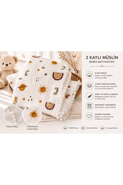 LİRONA 2 Katlı Müslin Bebek Battaniyesi & Örtüsü – %100 Pamuk, Ponpon Detaylı...