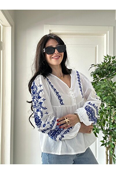 modadagiyim Women's White V-Neck Buttoned Embroidered Balloon Sleeve Slim Lin...