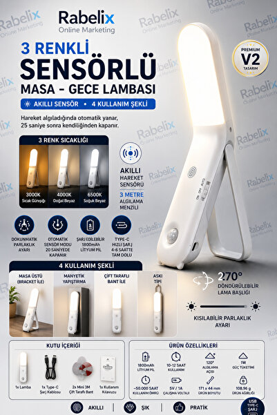 Rabelix Online Marketing 3 Renkli Sensörlü LED Gece Lambası Şarjlı Dokunmatik...