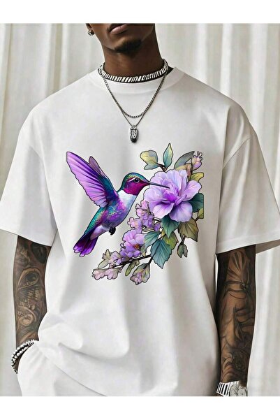 Ekim11 Hummingbird Flower Design Black T Shirt Men's Casual Graphic Tee With ...
