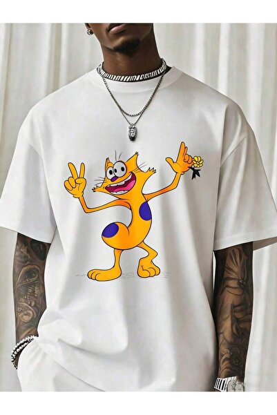 NOURAM Orange Cat Cartoon Character Peace Sign T Shirt Men Black Graphic Tee ...