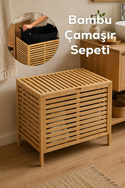 Porsima Pbt-510 Kapaklı Keten Torbalı Bambu Kirli Çamaşır Sepeti - Bambu Kirl...
