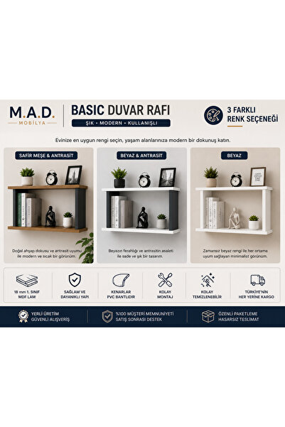 Genel Markalar Basic Duvar Rafı – Modern Dekoratif Kitaplık Rafı (80x50x18 cm)