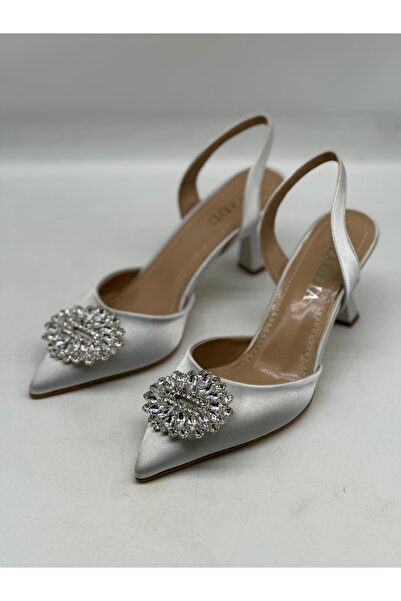 Saten Taşlı Orta Topuk Stiletto