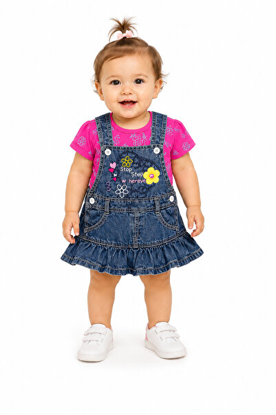 Generic Baby Girls Denim Dungaree Dress with Pink T-Shirt, Ages 1-2Y
