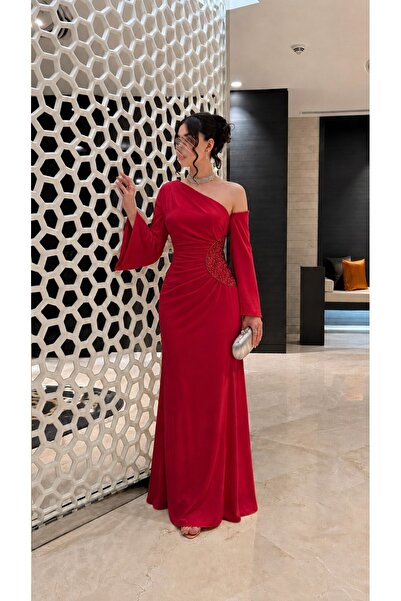 Jood One Shoulder Maxi Evening Dress with Draping and Side Embroidery Detail